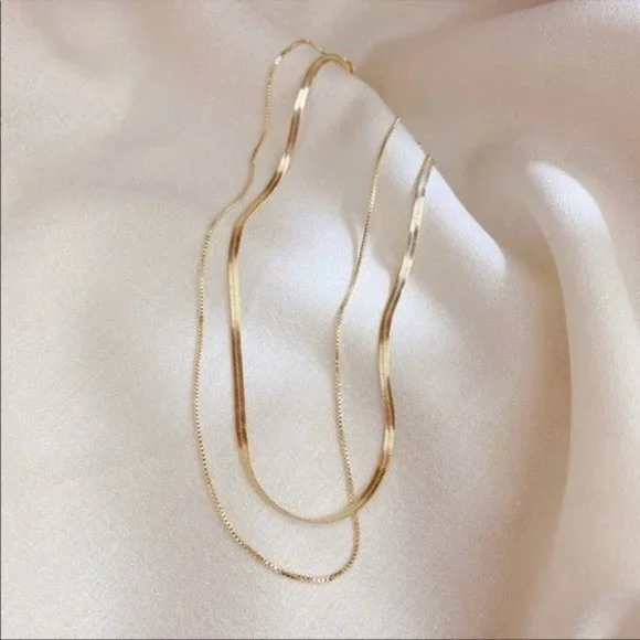 New Gold Plated Double Layer Flat Herringbone Thin Snake Chain Layered Necklace - Picture 3 of 6